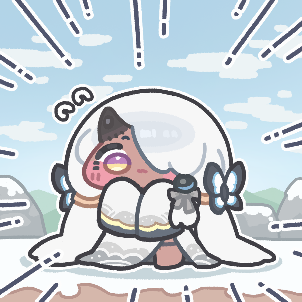 1girl, aya_(trickcal), blush_stickers, bow, chibi, chibi_only, closed_mouth, clouds, commentary_request, dress, emphasis_lines, full_body, hair_bow, hair_over_one_eye, long_hair, looking_at_viewer, monyami, outdoors, side_slit, sleeves_past_fingers, sleeves_past_wrists, solo, tan, trickcal, very_long_hair, white_dress, white_hair