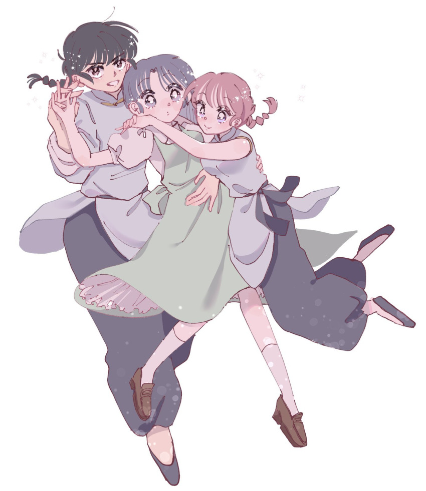 1boy, 2girls, bisexual_female, black_hair, blue_eyes, braid, brown_eyes, chinese_clothes