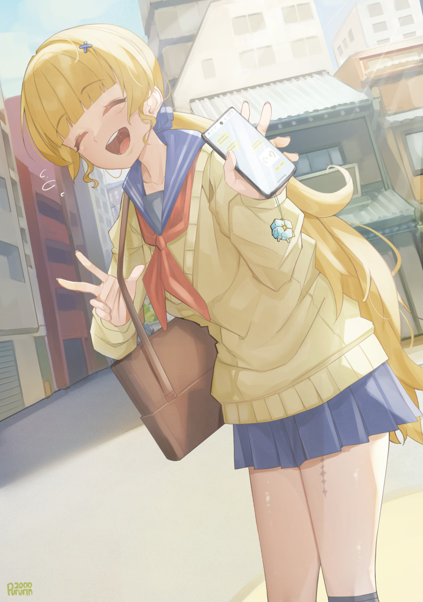 1girl, absurdres, alternate_costume, alternate_hairstyle, artist_name, bag, blonde_hair, blue_sailor_collar