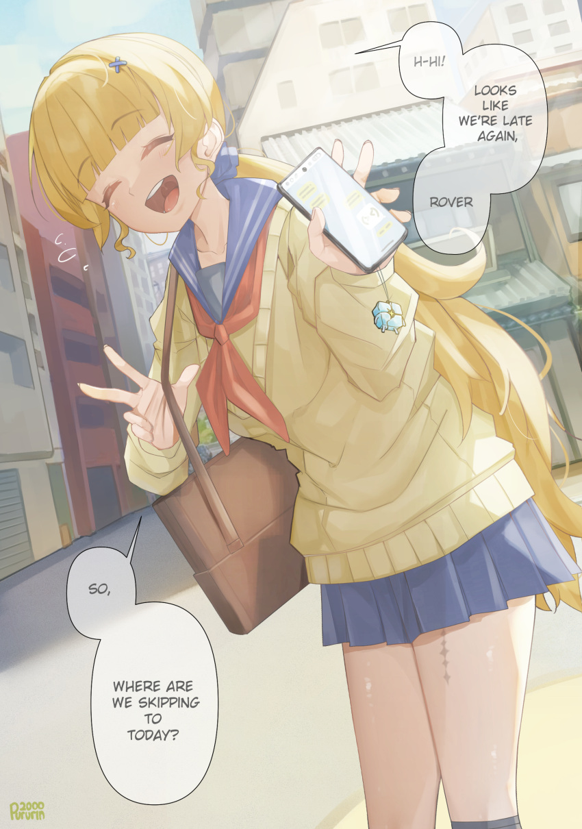 1girl, absurdres, alternate_costume, alternate_hairstyle, artist_name, bag, blonde_hair, blue_sailor_collar