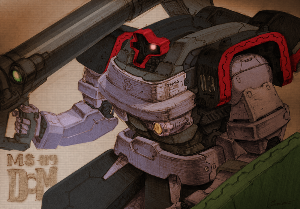 aoi_onion, bazooka_(gundam), beam_cannon, character_name, commentary_request, dom_(mobile_suit), english_text, gundam