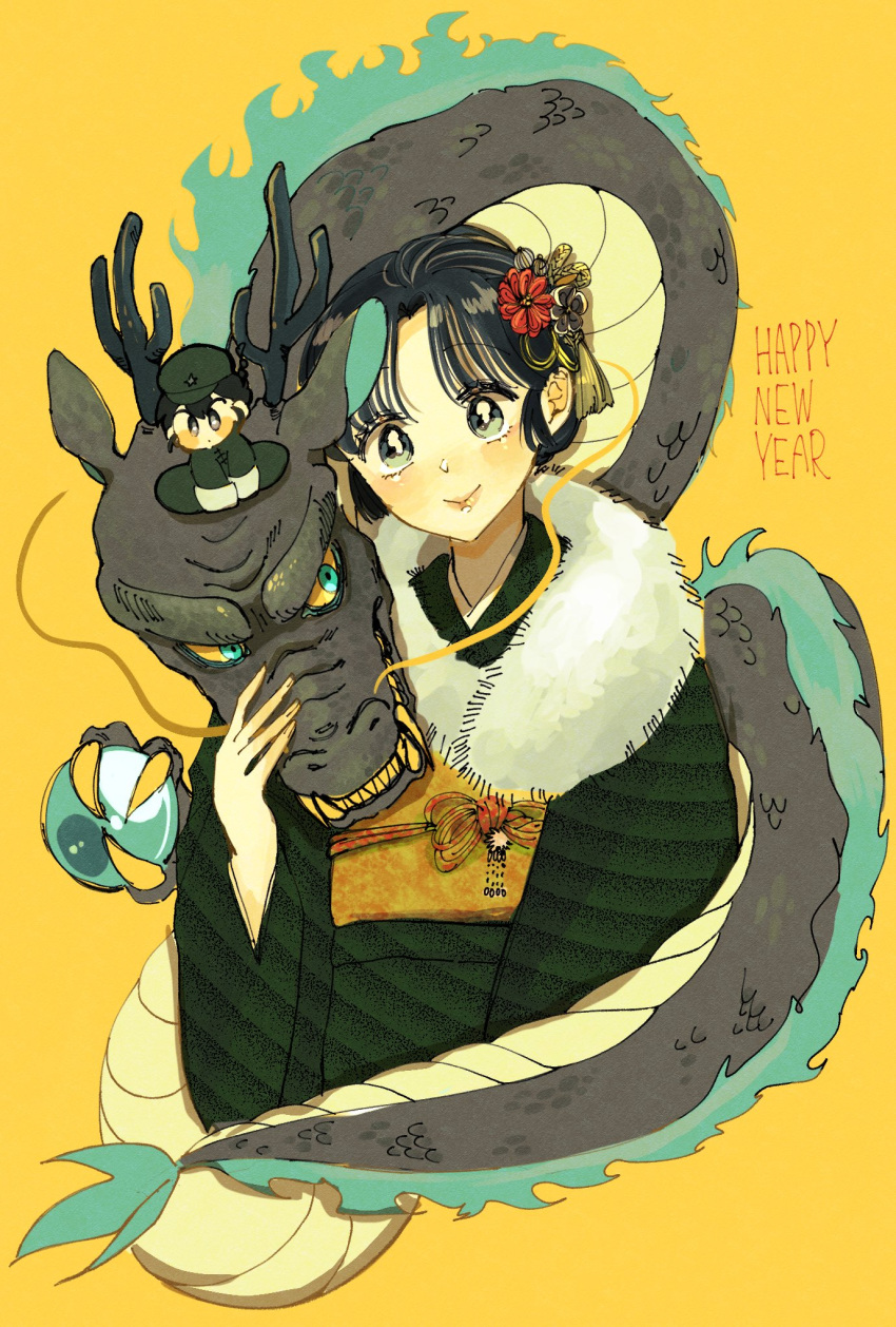 1boy, 1girl, black_hair, blue_eyes, chinese_zodiac, closed_mouth, cocoa_681, commentary_request