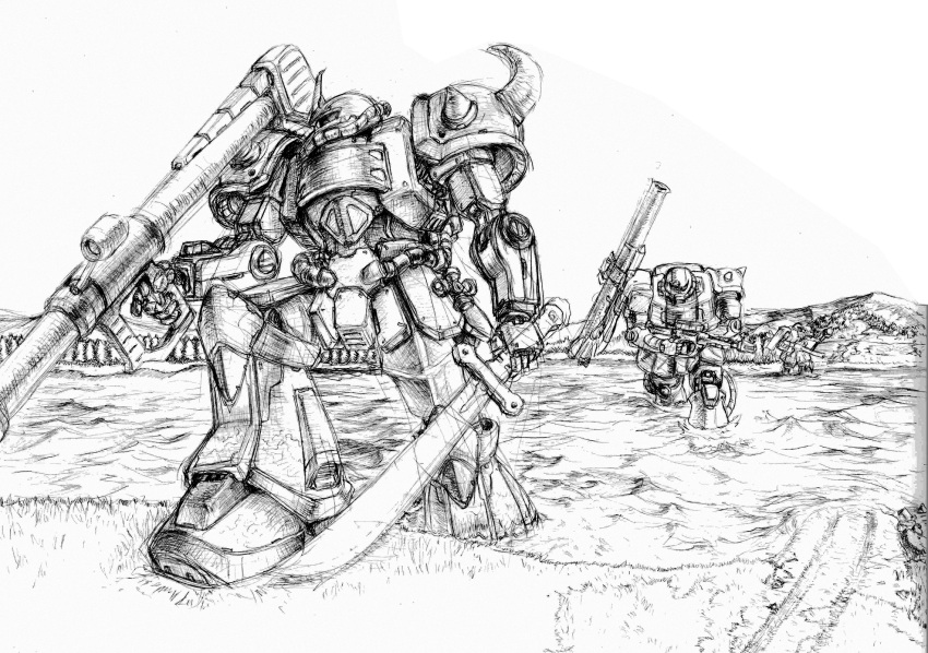 absurdres, aoi_onion, bazooka_(gundam), cable, commentary_request, desert, gouf, greyscale
