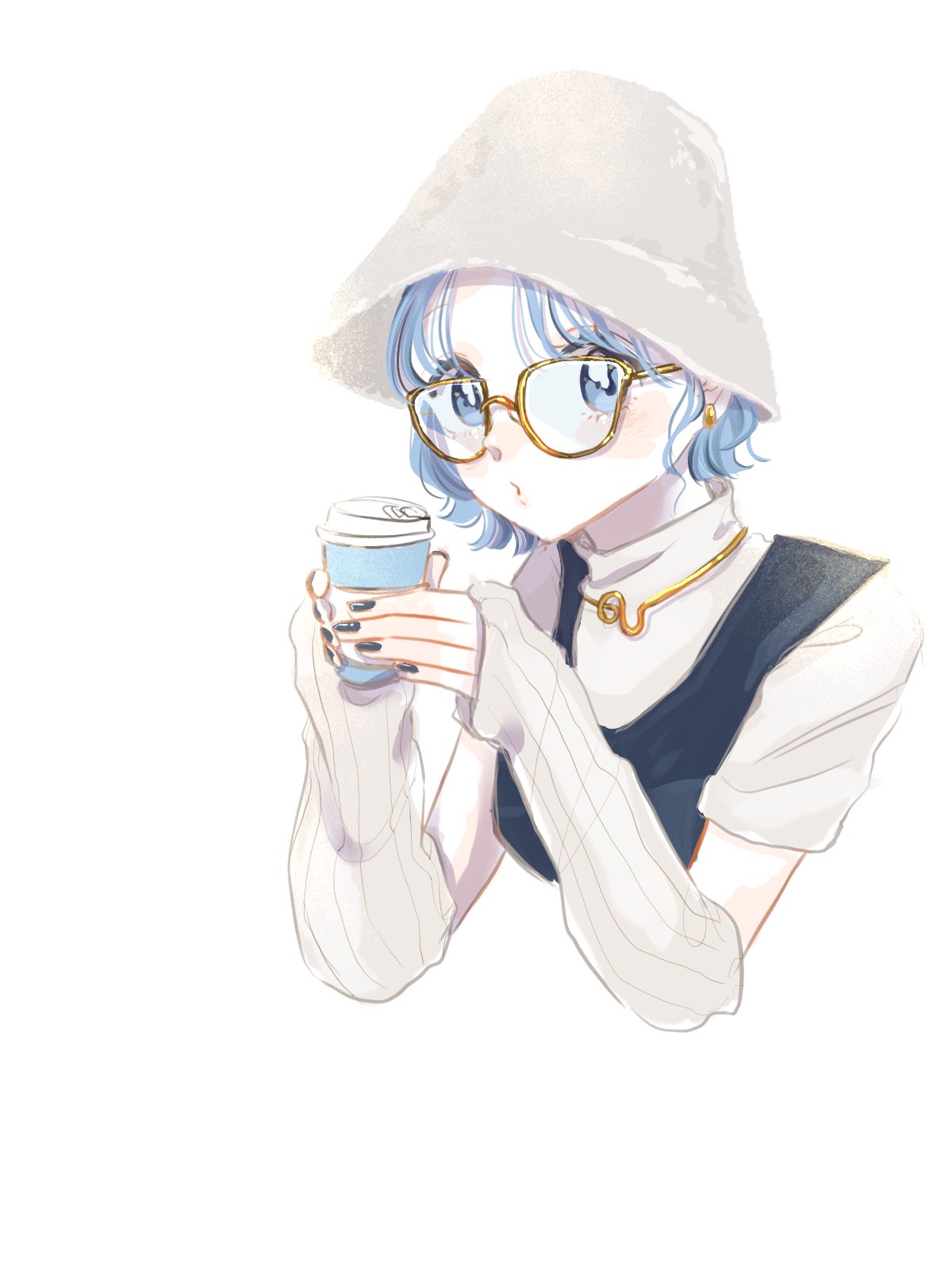 1girl, arm_warmers, black_nails, blue_eyes, blue_hair, character_request, check_character, cocoa_681