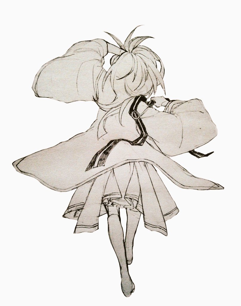 1girl, boots, commentary_request, dressing, from_behind, full_body, grimms_notes, hakama