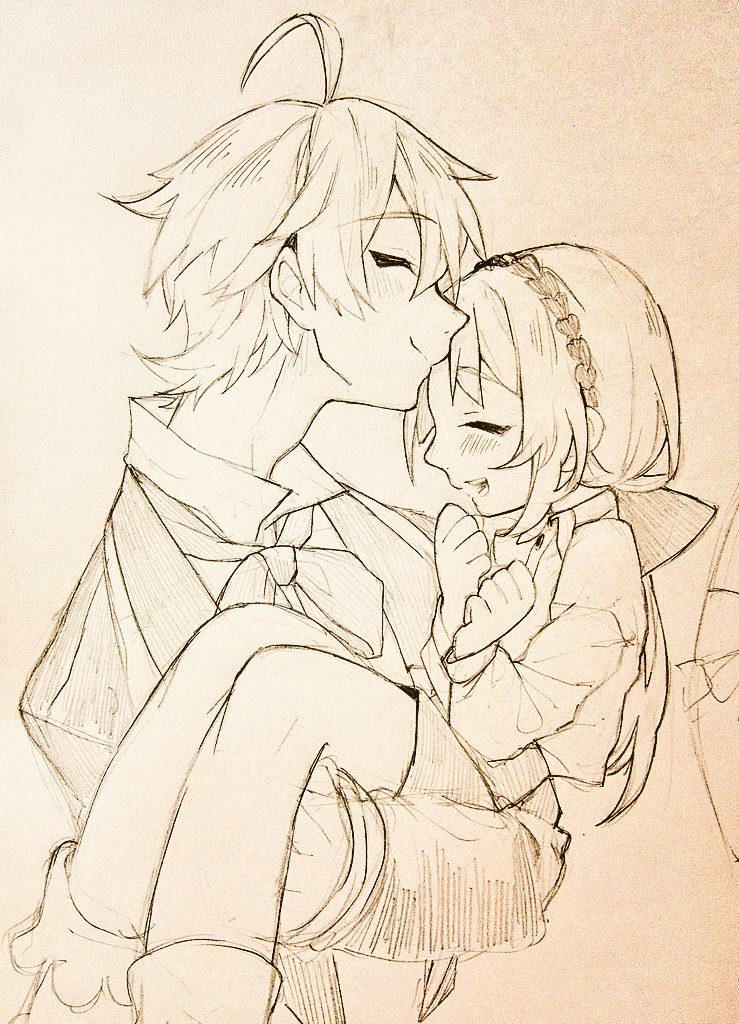 1boy, 1girl, bow, carrying, carrying_person, closed_mouth, collared_shirt, commentary_request