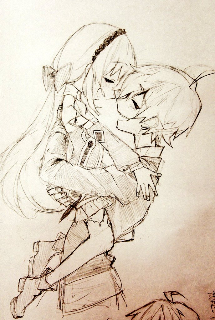 1boy, 1girl, bow, carrying, carrying_person, commentary_request, detached_sleeves, dress