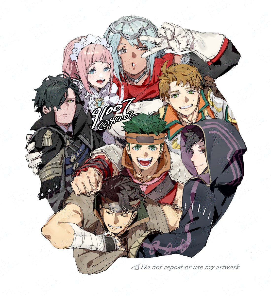 2girls, 5boys, 91007, boucheron_(fire_emblem), boyd_(fire_emblem), brown_hair, closed_mouth, commentary_request