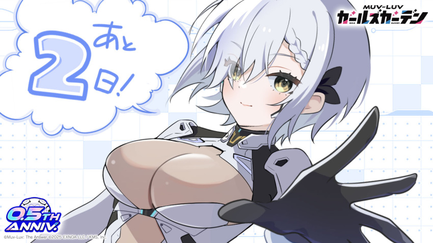 1girl, artist_request, bodysuit, braid, breasts, commentary_request, hair_over_one_eye, ichijo_shirona