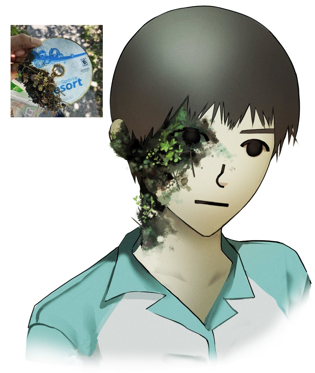 1boy, black_eyes, blue_trim, brown_hair, clover, collared_shirt, dirt, dirty