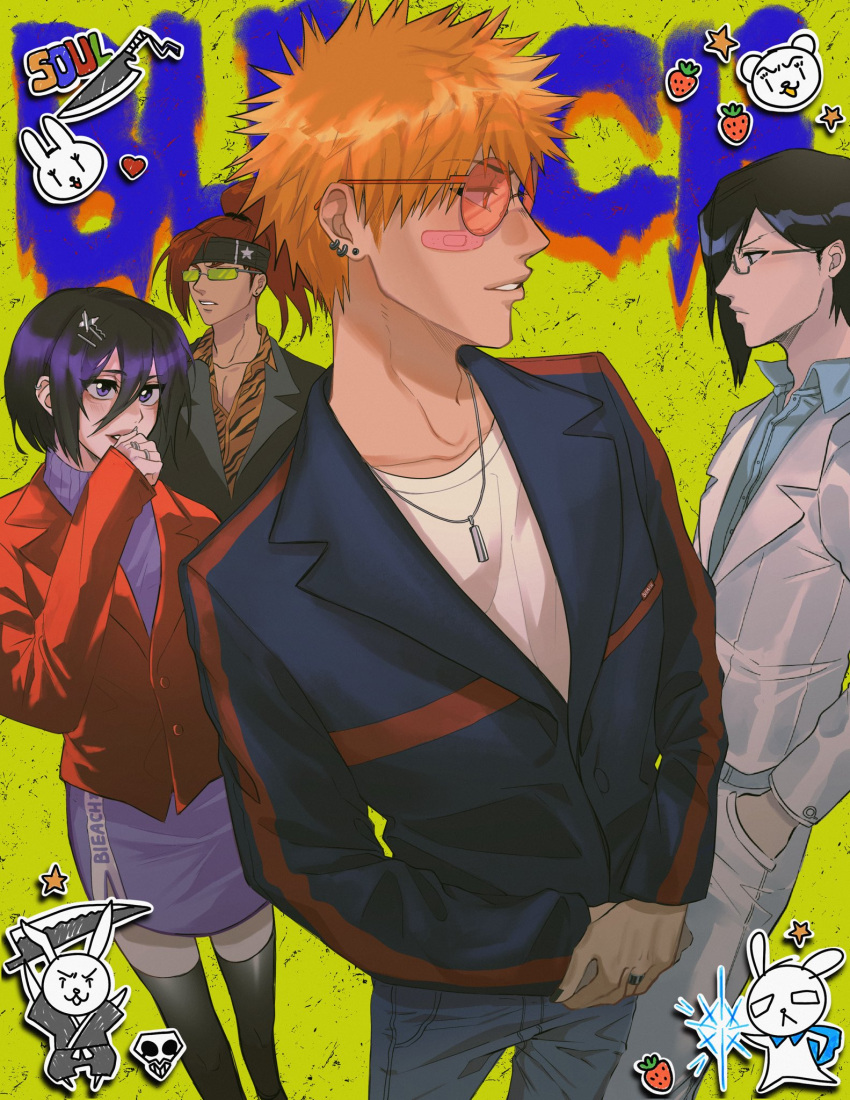 1girl, 3boys, abarai_renji, animal_print, bandaid, bandaid_on_cheek, bandaid_on_face, black_hair