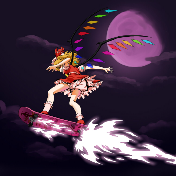 blonde_hair, bloomers, flandre_scarlet, flying, from_below, full_moon, hat, hop-step-jump