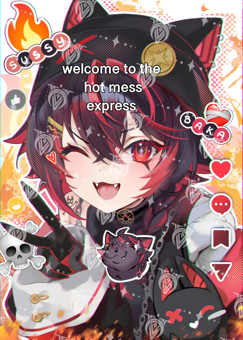 1boy, alice_vu, beanie, black_hair, chain, commentary, english_text, fangs