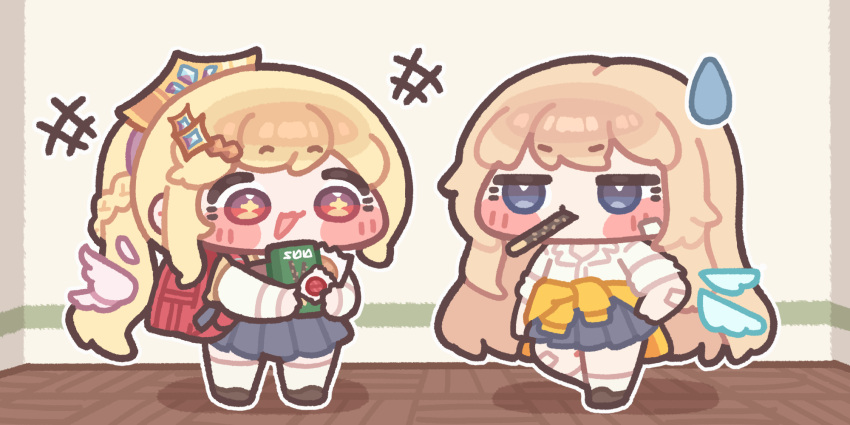 2girls, backpack, bag, blonde_hair, blue_eyes, blush_stickers, box, chibi