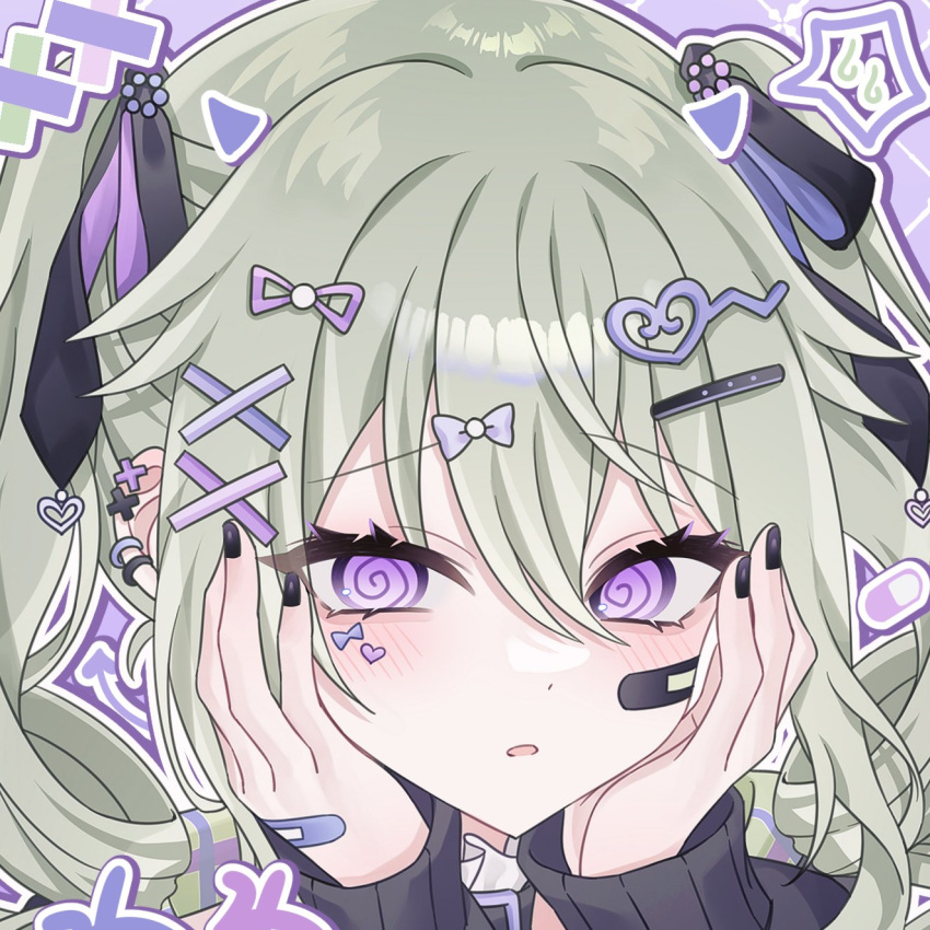 1girl, @_@, aegyo_sal, bandaid, bandaid_on_cheek, bandaid_on_face, bandaid_on_hand, black_bow