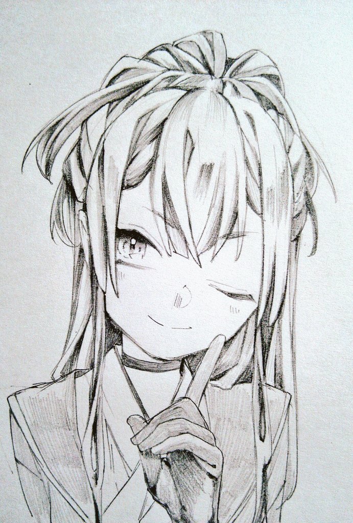 1girl, closed_mouth, coat, crossed_bangs, gloves, grimms_notes, hand_up, high_ponytail