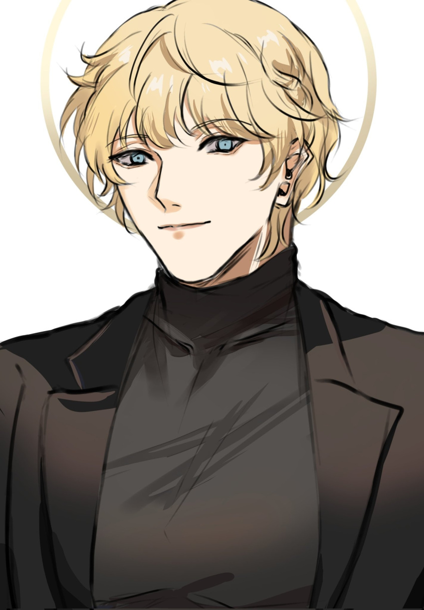 1boy, aegyo_sal, black_jacket, black_shirt, blonde_hair, blue_eyes, genderswap, genderswap_(ftm), halo, halo_behind_head, high_collar, highres, jacket, looking_at_viewer, ochanomuu, omniscient_reader's_viewpoint, shirt, smile, solo, upper_body, uriel_(omniscient_reader's_viewpoint)