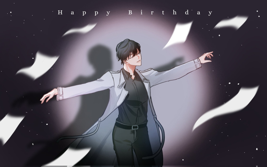 1boy, black_hair, black_shirt, closed_eyes, coat, collared_shirt, drop_shadow, feet_out_of_frame