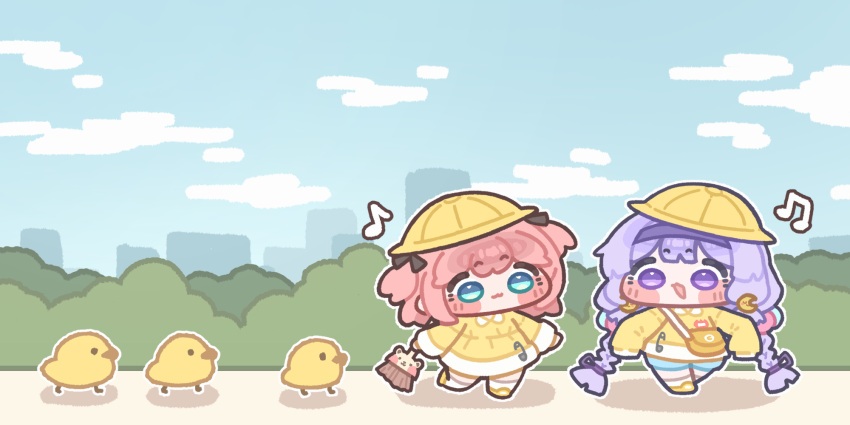 2girls, baby_animal, bird, blue_eyes, blue_sky, braid, broom, chibi