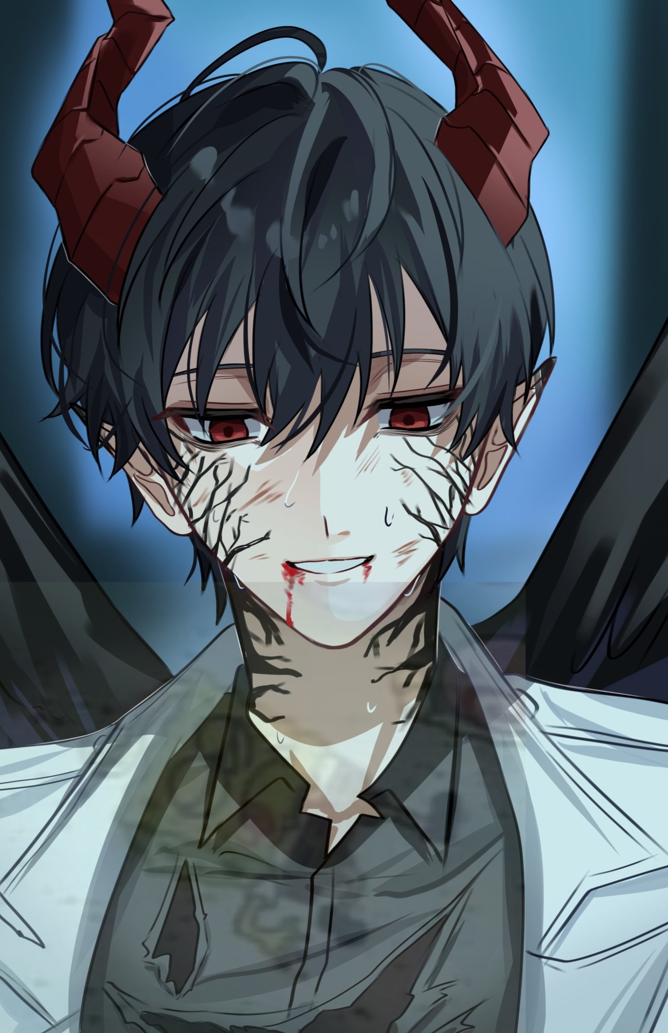 1boy, aegyo_sal, black_hair, black_shirt, black_wings, blood, blood_from_mouth, coat
