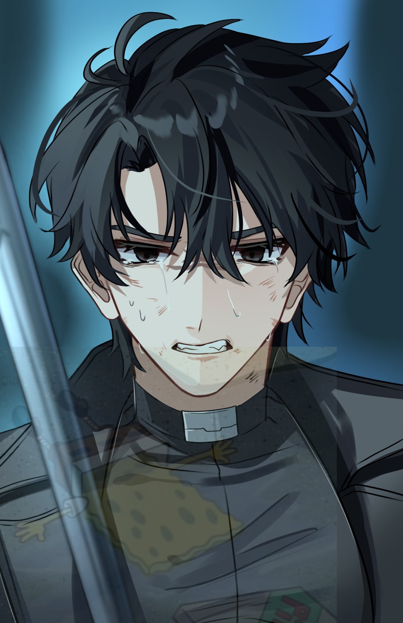 1boy, belt_collar, black_coat, black_hair, black_shirt, clenched_teeth, coat, collar, crying, crying_with_eyes_open, dirty, dirty_face, hair_between_eyes, hashtag-only_commentary, highres, holding, holding_sword, holding_weapon, looking_at_viewer, male_focus, ochanomuu, omniscient_reader's_viewpoint, open_clothes, open_coat, serious, shirt, short_hair, solo, straight-on, sword, tears, teeth, upper_body, weapon, yoo_joonghyuk