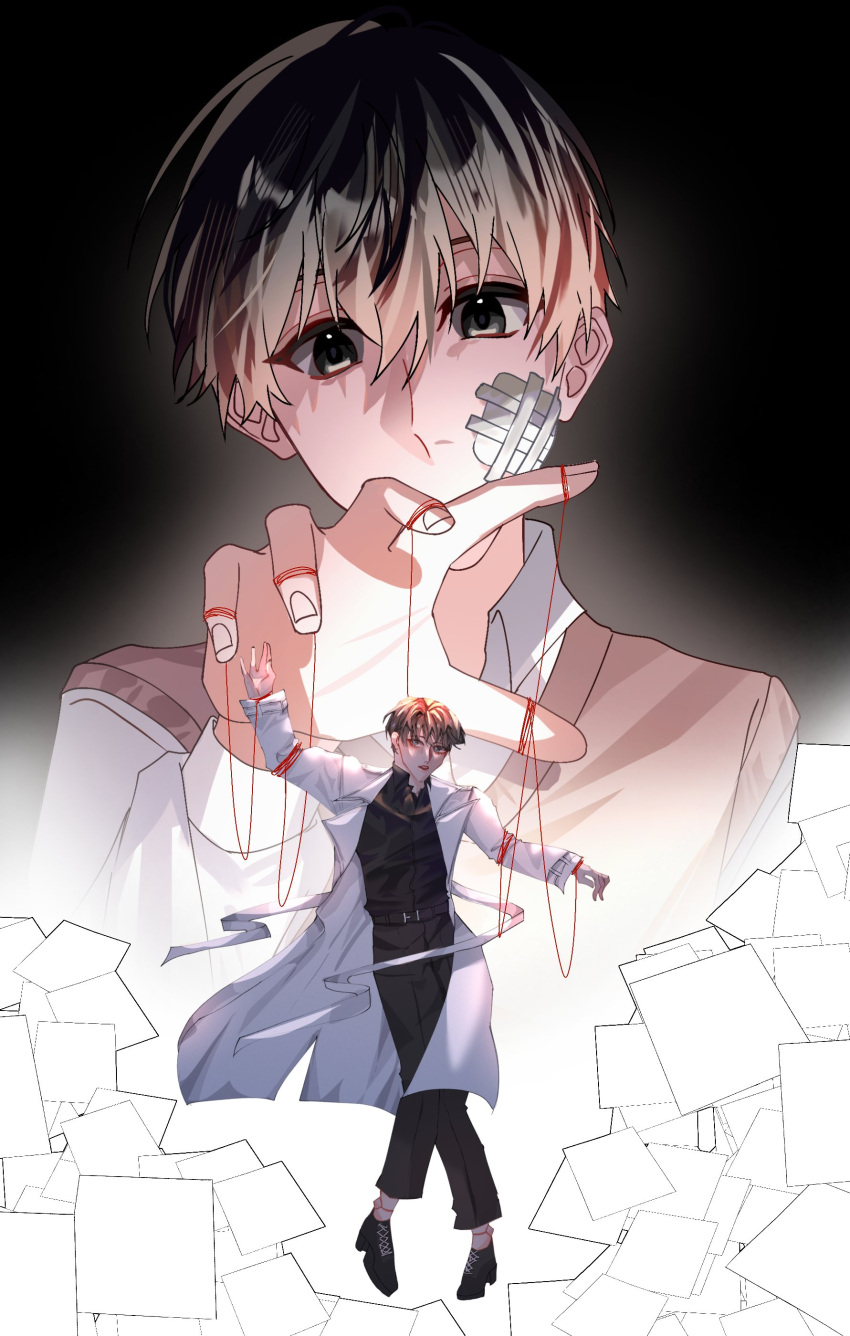 absurdres, artist_collaboration, bandage_on_face, bandages, black_eyes, black_hair, black_shirt, bound
