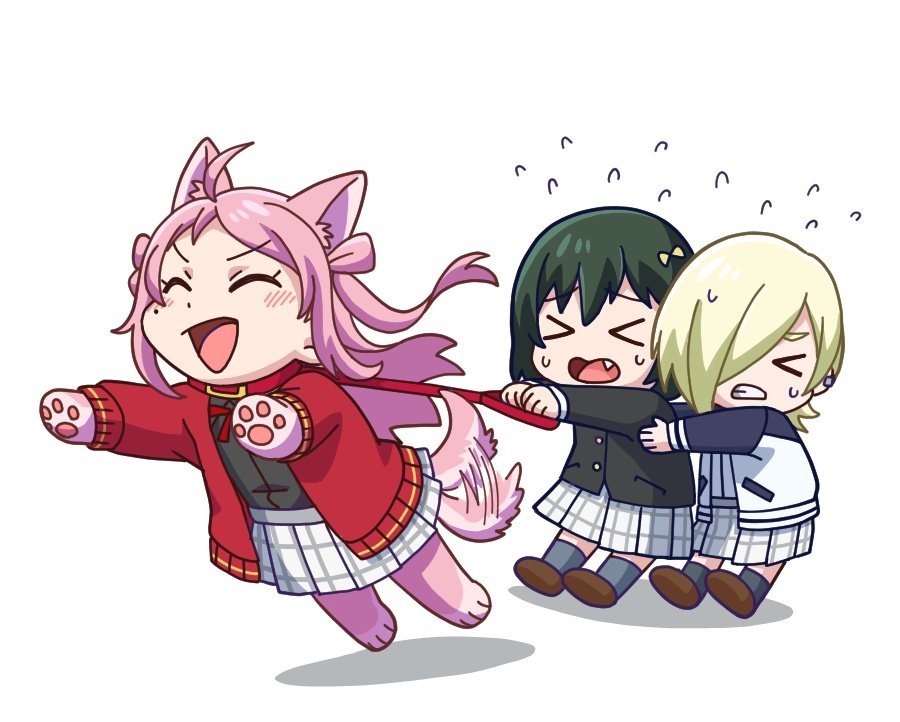 >_<, 3girls, :d, ^_^, ahoge, animal_ears, animal_feet, animal_hands, black_jacket, black_shirt, black_socks, blonde_hair, cardigan, clenched_teeth, closed_eyes, collared_shirt, commentary_request, dog_ears, dog_girl, dog_tail, fang, flying_sweatdrops, green_hair, hair_over_one_eye, holding, holding_leash, jacket, kemonomimi_mode, leash, letterman_jacket, love_live!, love_live!_nijigasaki_high_school_idol_club, mia_taylor, mifune_shioriko, mole, mole_under_eye, multiple_girls, neck_ribbon, nijigasaki_school_uniform, one_eye_covered, open_cardigan, open_clothes, open_jacket, open_mouth, pink_hair, pleated_skirt, r3birth_(love_live!), red_cardigan, red_ribbon, ribbon, sawa_(triangle_konkon), school_uniform, shirt, simple_background, skirt, smile, socks, tail, tail_wagging, teeth, two_side_up, v-shaped_eyebrows, white_background, white_jacket, white_shirt, white_skirt, zhong_lanzhu