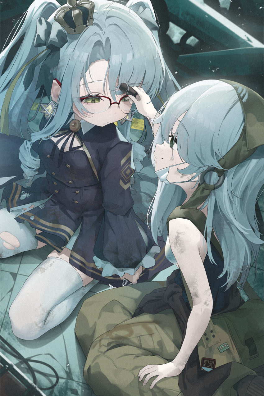 2girls, absurdres, baggy_pants, black_dress, child, clothes_around_waist, crown, dirty, dirty_arm, dirty_clothes, dirty_face, dirty_hands, dress, drill_hair, drill_sidelocks, earrings, glasses, gloomyowl, goddess_of_victory:_nikke, highres, jewelry, long_hair, mask, mini_crown, mouth_mask, multiple_girls, over-rim_eyewear, pants, princess_(nikke), red-framed_eyewear, semi-rimless_eyewear, sidelocks, stall_iii_(nikke), thigh-highs, torn_clothes, torn_dress, twin_drills, white_hair, white_thighhighs