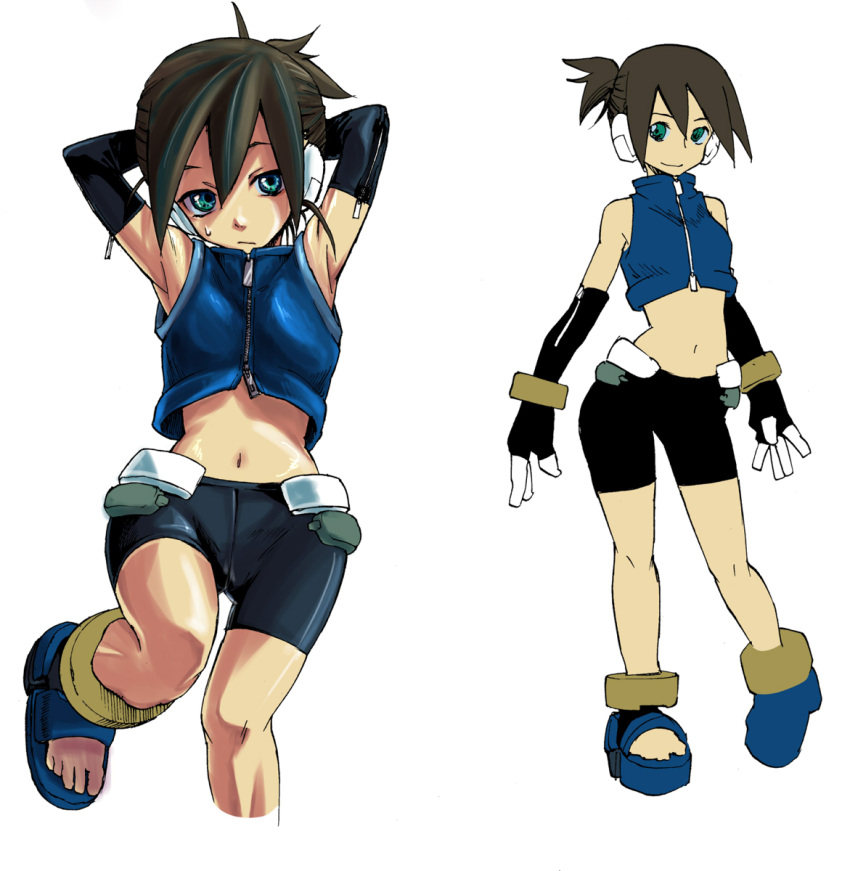 bare_shoulders, bike_shorts, black_hair, bracelet, character_request, elbow_gloves, fingerless_gloves, flat_chest