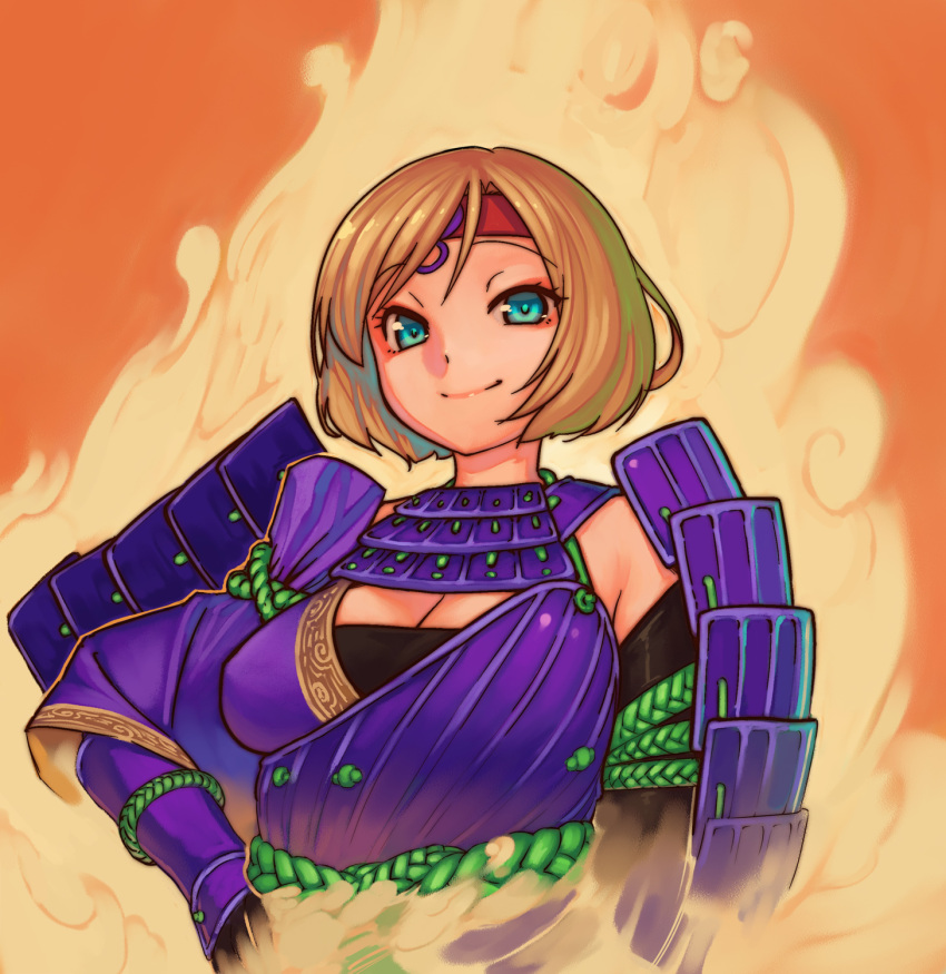 aqua_eyes, armor, breasts, brown_hair, bust, character_request, cleavage, headband