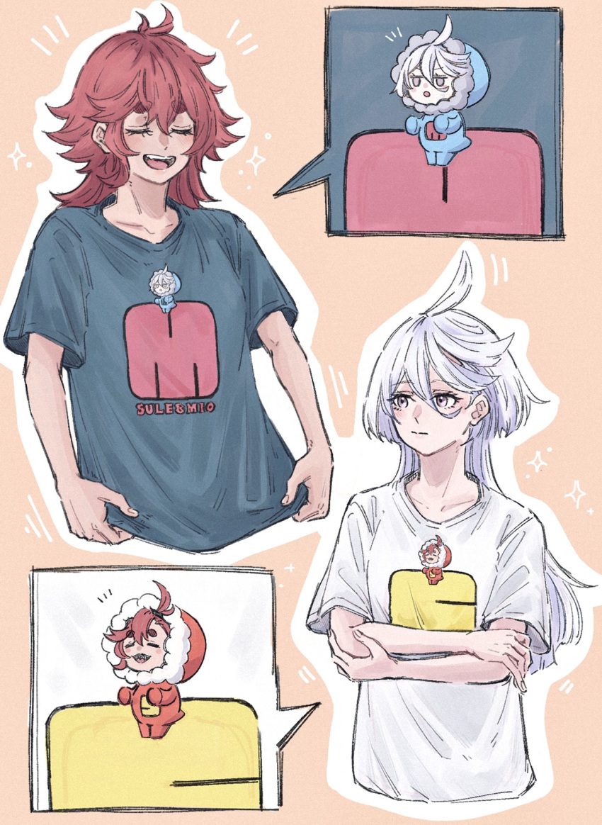2girls, blue_shirt, closed_eyes, commentary_request, cool_(gundam_suisei_no_majo), cool_(gundam_suisei_no_majo)_(cosplay), cosplay, crossed_arms, grey_eyes, gundam, gundam_suisei_no_majo, highres, hots_(gundam_suisei_no_majo), hots_(gundam_suisei_no_majo)_(cosplay), ichi27ichi, long_hair, miorine_rembran, multiple_girls, open_mouth, red_hair, shirt, smile, suletta_mercury, thick_eyebrows, white_hair, white_shirt
