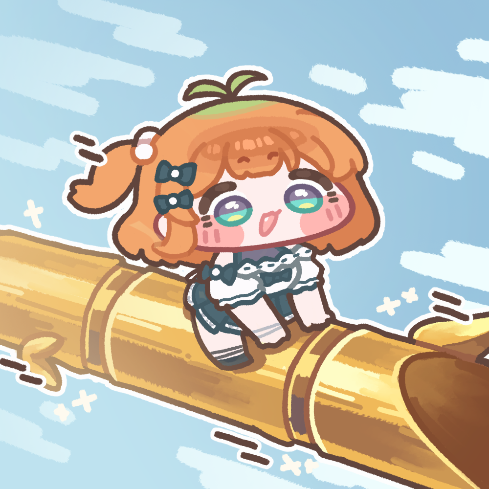 1girl, bamboo, blue_eyes, blue_sky, blush_stickers, bow, commentary_request, fang, hair_bow, korean_commentary, kyarot_(trickcal), monyami, one_side_up, open_mouth, orange_hair, outdoors, pleated_skirt, riding, shirt, skirt, sky, solo, trickcal, white_shirt