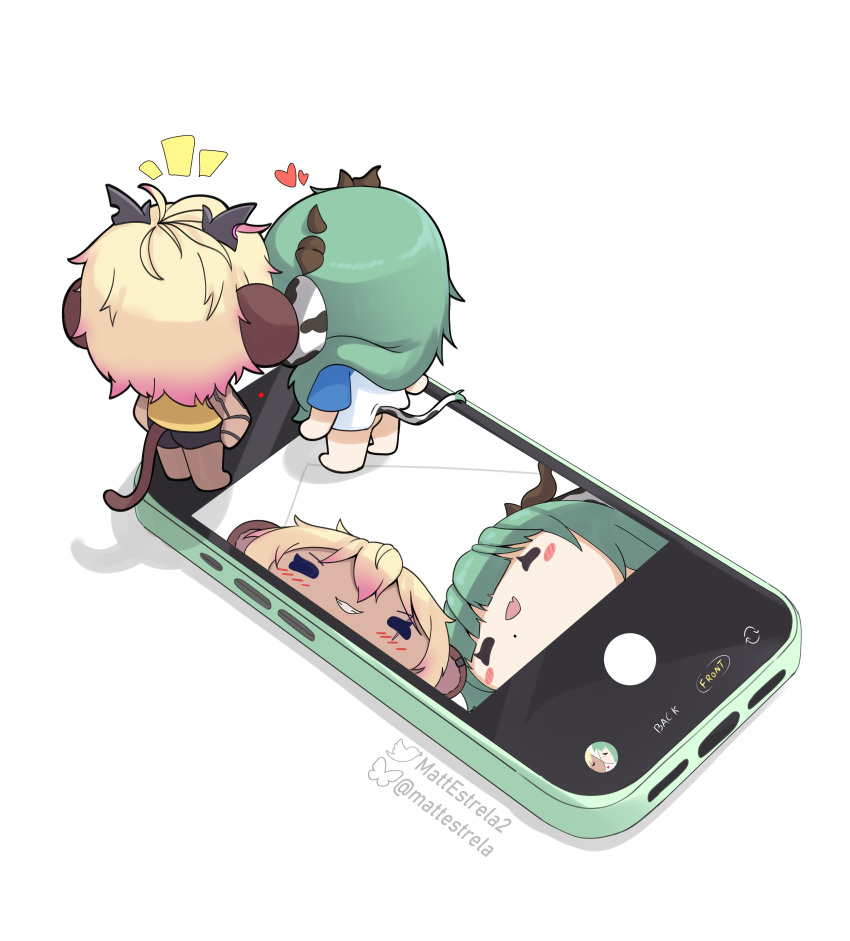 2girls, absurdres, animal_ears, barefoot, black_shorts, blonde_hair, bluesky_logo, bluesky_username, blush, blush_stickers, cellphone, colored_tips, commentary, cow_ears, cow_girl, cow_horns, cow_tail, crelly, dark-skinned_female, dark_skin, eyelashes, from_behind, green_hair, grin, hashtag-only_commentary, heart, highres, horns, indie_virtual_youtuber, koko_d._nuts, long_hair, matt_estrela, mini_person, minigirl, mole, mole_under_mouth, monkey_ears, monkey_girl, monkey_tail, multicolored_hair, multiple_girls, notice_lines, open_mouth, phone, pink_hair, shadow, shirt, short_hair, short_sleeves, shorts, simple_background, smartphone, smile, standing, tail, teeth, twitter_logo, twitter_username, virtual_youtuber, white_background, white_shirt, yellow_shirt