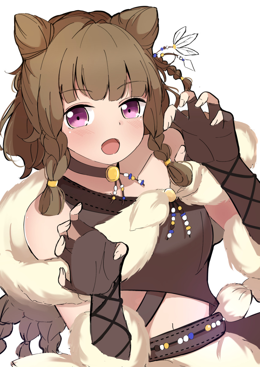 1girl, :d, bare_shoulders, braid, braided_sidelocks, brown_gloves, brown_shirt, claw_pose, commentary_request, cone_hair_bun, double_bun, elbow_gloves, fingerless_gloves, gloves, hair_bun, highres, kachimachi_kosuzu, kaudon, link!_like!_love_live!, long_hair, looking_at_viewer, love_live!, navel, open_mouth, partial_commentary, reboot_(love_live!), shirt, side_braid, single-shoulder_shirt, smile, solo, violet_eyes, virtual_youtuber