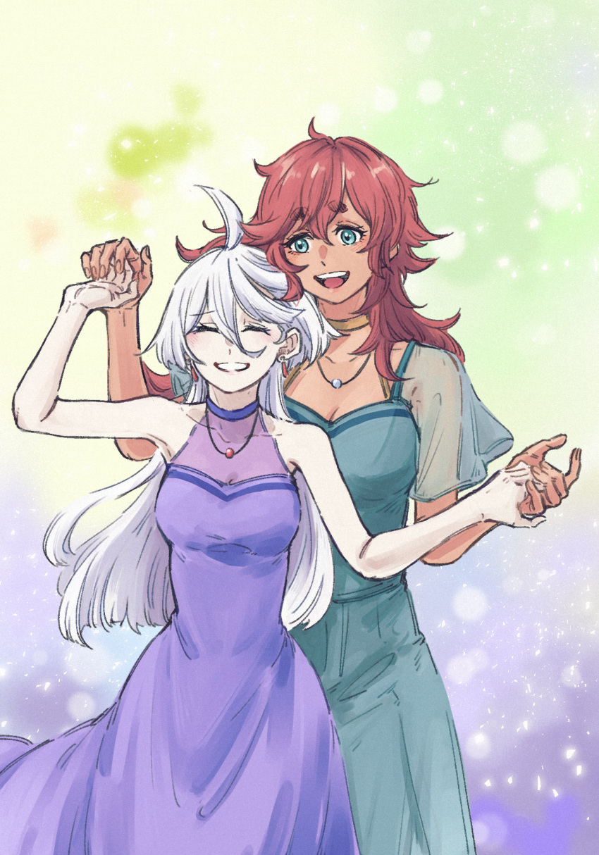 2girls, blue_dress, blue_eyes, breasts, closed_eyes, commentary_request, dancing, dress
