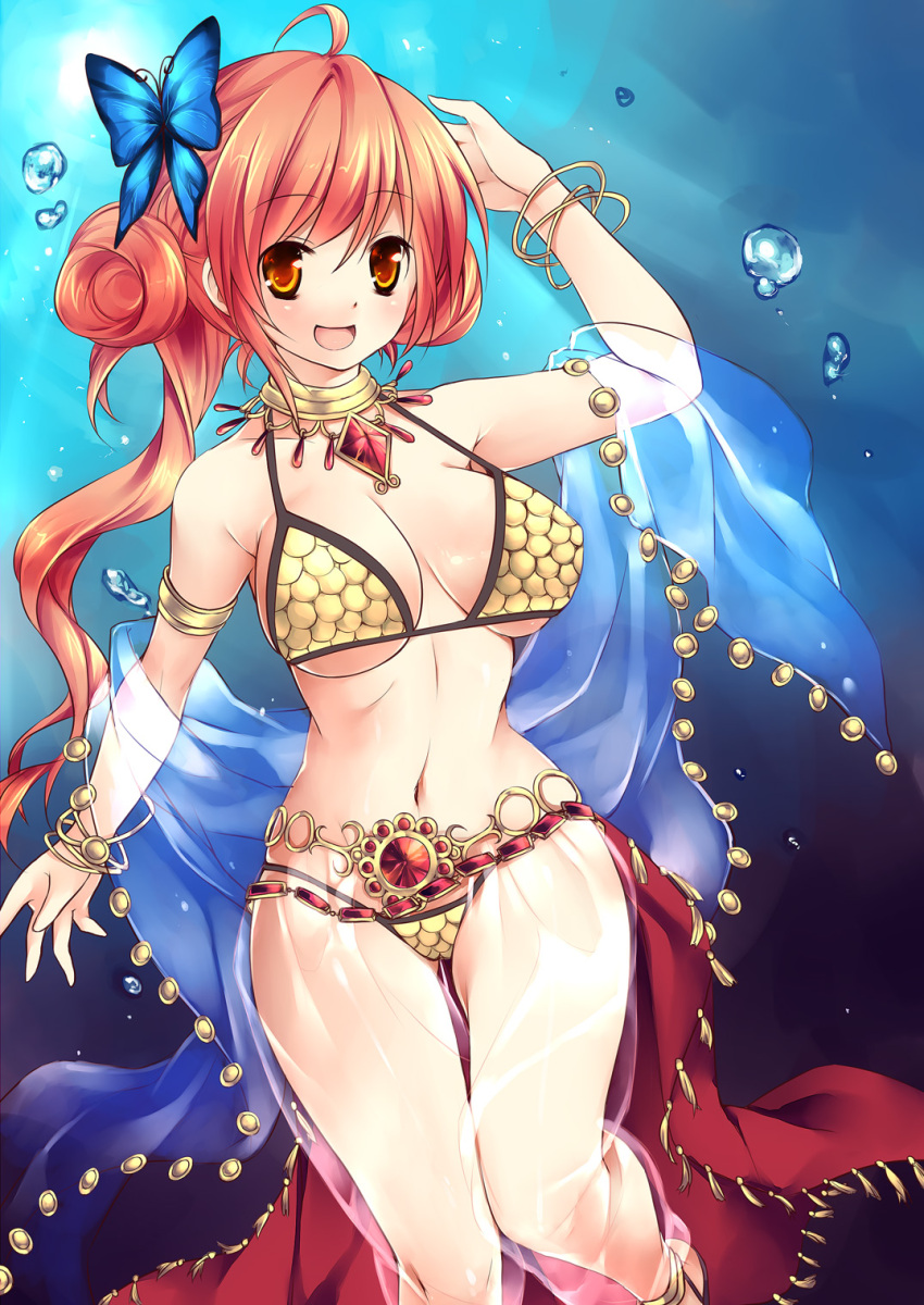 ahoge, arm_up, armlet, bikini_top, blush, bracelet, breasts, brown_hair