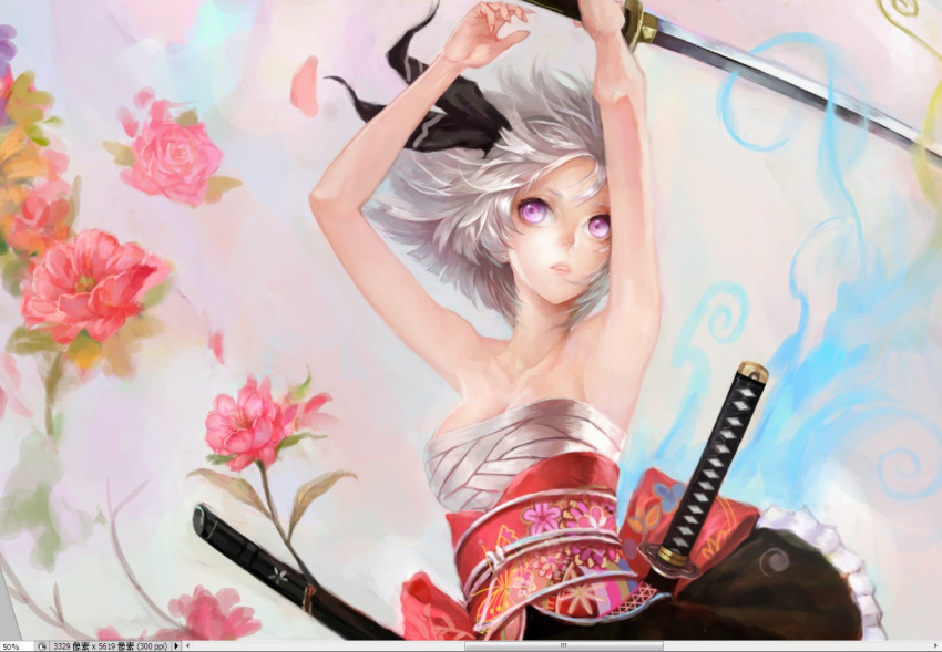 adobe_photoshop, alternate_costume, armpits, arms_up, bare_shoulders, collarbone, fenrir_(buzhidaoshishuei), flower, hair_ribbon, hands, katana, konpaku_youmu, no_shirt, obi, pink_rose, purple_eyes, ribbon, rose, sarashi, scabbard, sheath, sheathed, short_hair, silver_hair, solo, sword, touhou, violet_eyes, weapon
