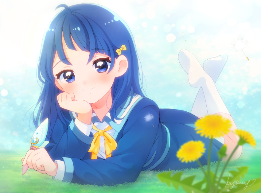 1girl, alternate_hairstyle, blue_eyes, blue_hair, blue_jacket, blue_sailor_collar, blue_skirt, blurry, blurry_foreground, bow, bowtie, closed_mouth, commentary, cut_bangs, dandelion, dandelion_seed, day, depth_of_field, elbow_rest, flower, grass, hair_down, hand_on_own_face, head_rest, hirogaru_sky!_precure, holding, holding_pen, jacket, kamata_kimie, kyanos_(b_0000ff), legs_up, long_hair, long_sleeves, looking_at_viewer, miniskirt, mirage_pen, on_ground, outdoors, pen, precure, sailor_collar, school_uniform, shirt, skirt, smile, socks, solo, sora_harewataru, sorashido_academy_school_uniform, white_shirt, white_socks, yellow_bow, yellow_bowtie