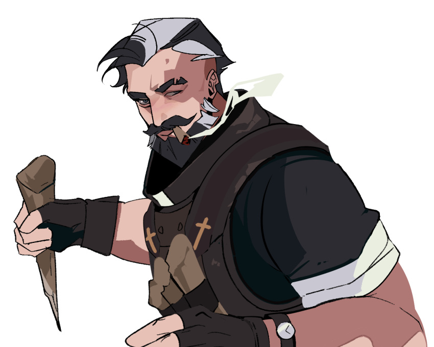 1boy, beard, black_gloves, black_shirt, cigar, deadlock_(game), eyebrow_cut, facial_hair