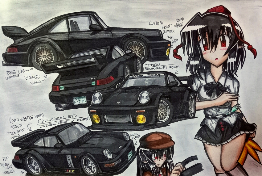 280z-t2by2_hgs130, black_car, car, highres, motor_vehicle, porsche_911, porsche_964, shameimaru_aya