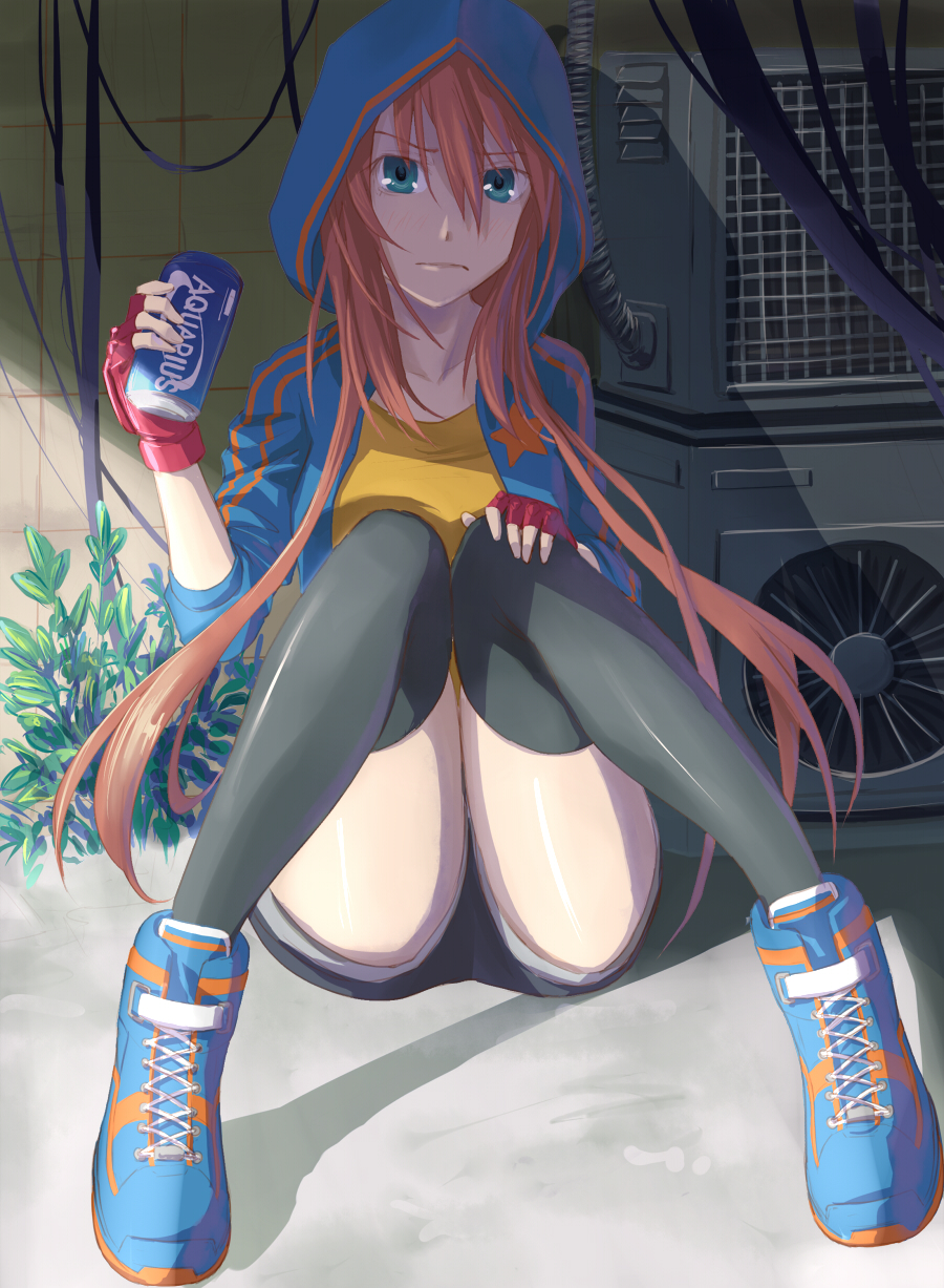 blue_eyes, brown_hair, fingerless_gloves, gloves, highres, hoodie, kaeru314, long_hair