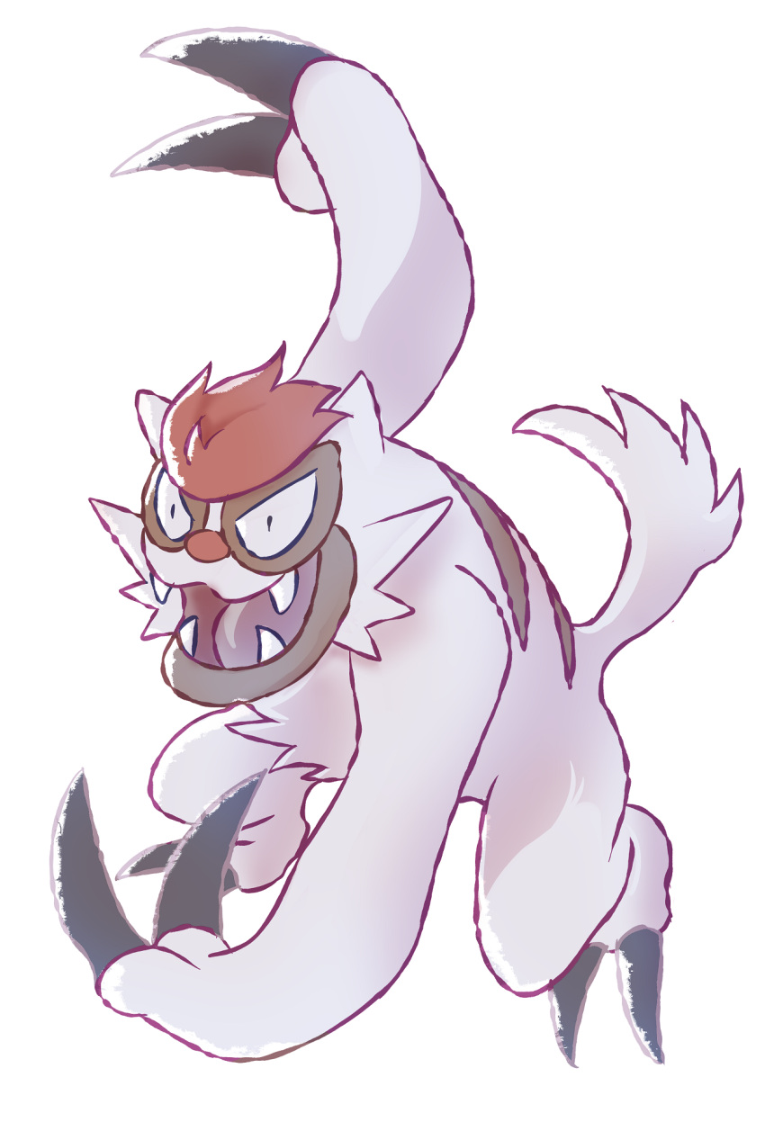 alex_grafo, claws, commentary, english_commentary, fangs, full_body, highres, no_humans, open_mouth, pokemon, pokemon_(creature), pokemon_focus, simple_background, solo, v-shaped_eyes, vigoroth, white_background