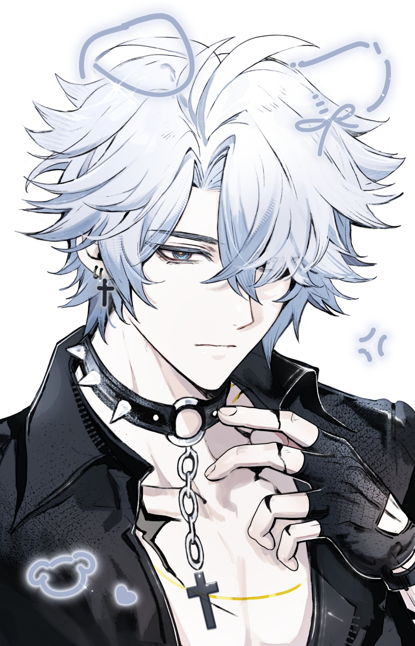 1boy, absurdres, alternate_costume, anger_vein, animal_ears, arm_up, black_choker, black_gloves