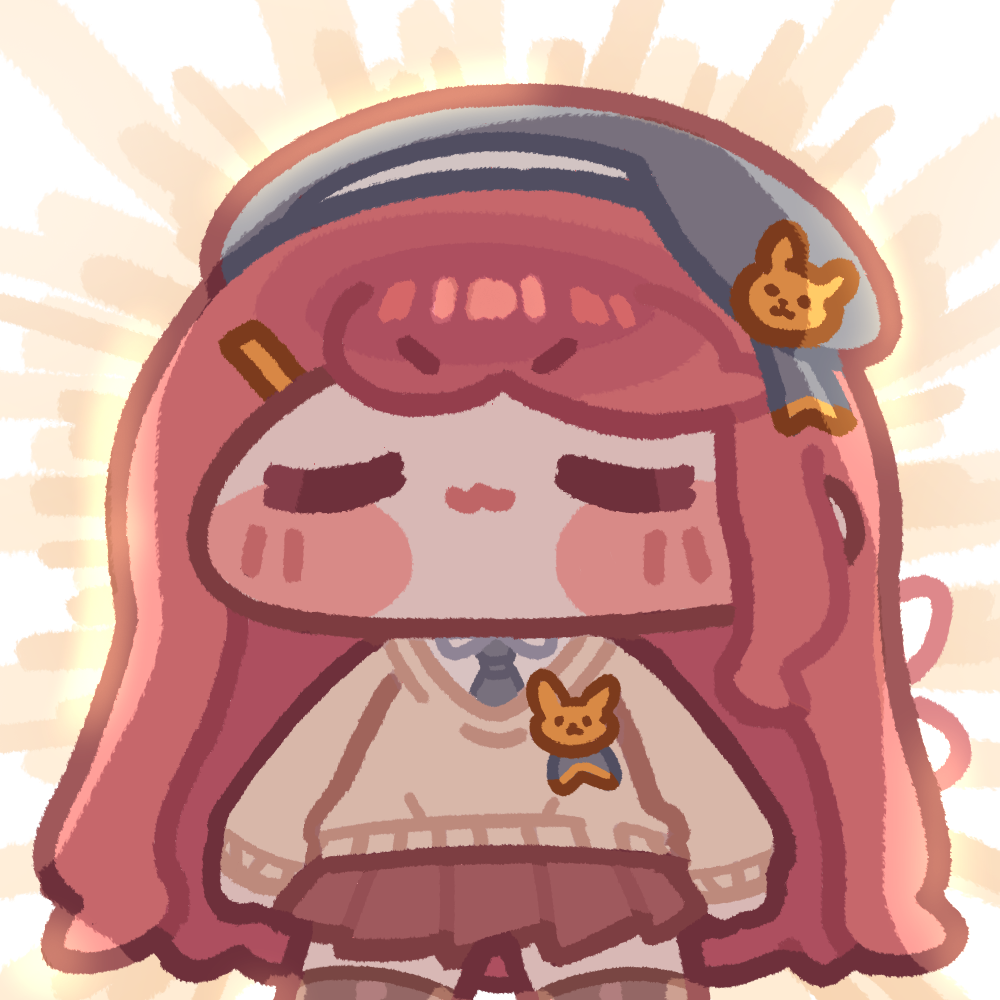 1girl, :3, ashur_(trickcal), black_hat, blue_necktie, blush_stickers, brown_thighhighs, chibi
