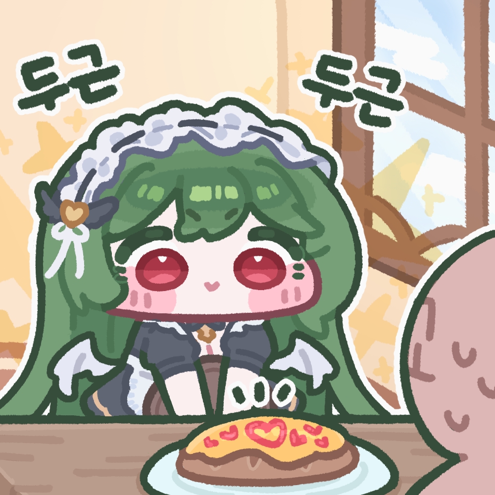 1girl, 1other, :>, apron, black_dress, blush_stickers, chibi, chibi_only