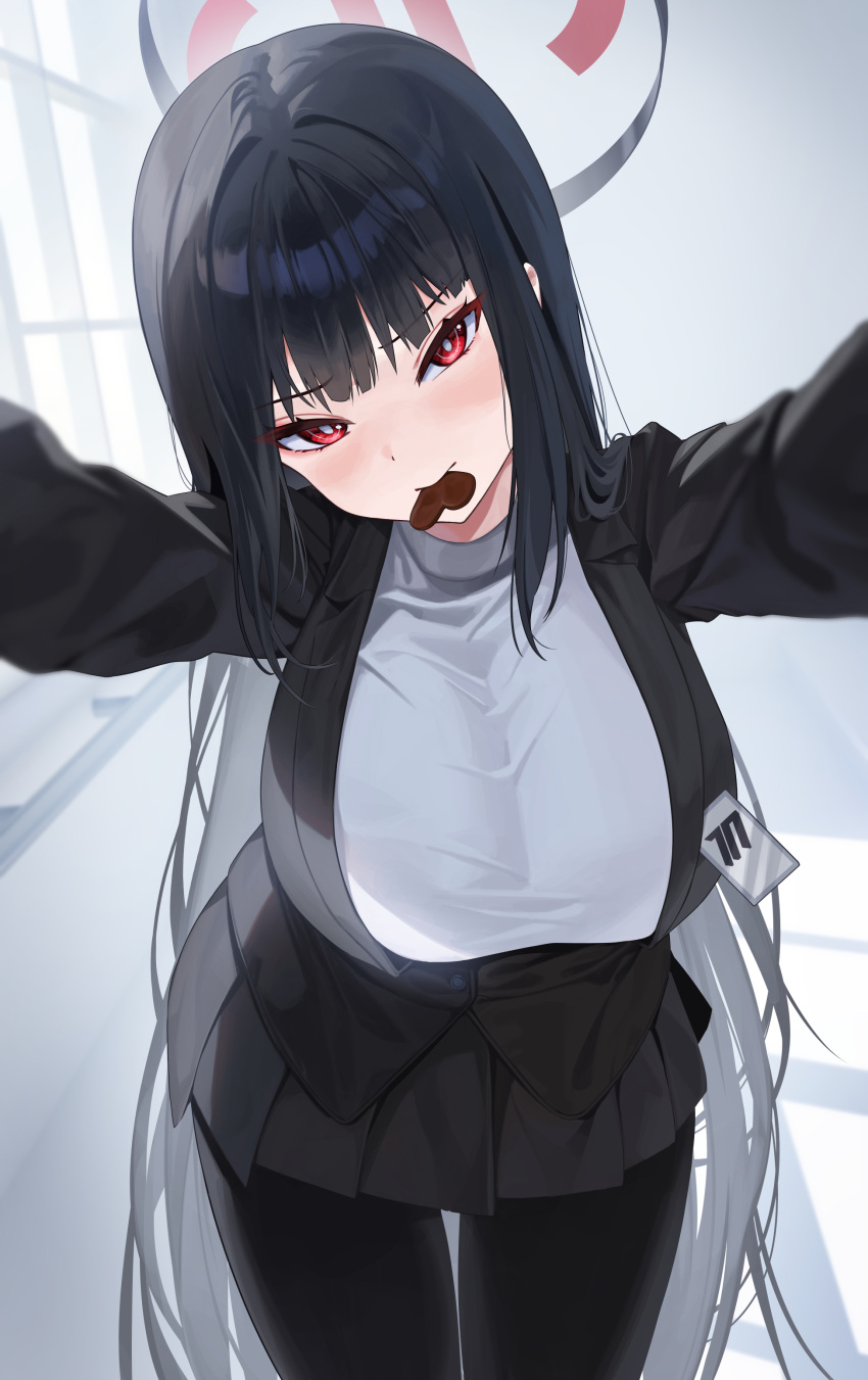 1girl, absurdres, bilingual_commentary, black_hair, black_jacket, black_pantyhose, black_skirt, blue_archive