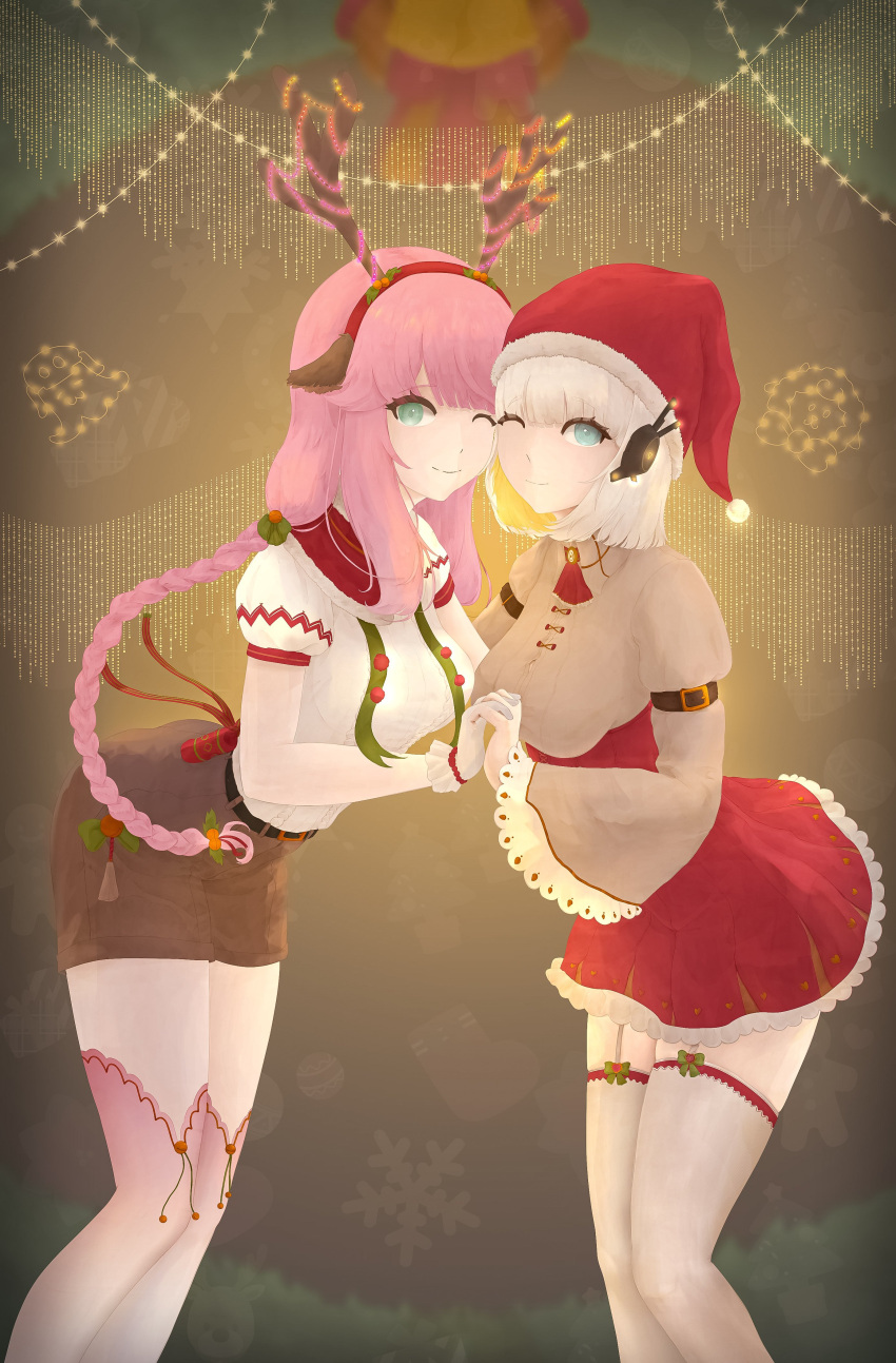 2girls, absurdres, aivy_lovencraft, animal_ears, blue_eyes, christmas, deer_ears, eru_nabura
