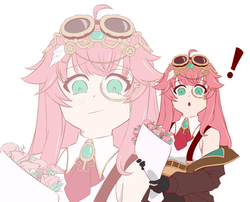 1girl, absurdres, aivy_lovencraft, bouquet, fanart, goggles, goggles_on_head, green_eyes, highres, indie_virtual_youtuber, long_hair, monocle, otelopen, pink_hair, virtual_youtuber, vtuber, vtuberfanart, white_background