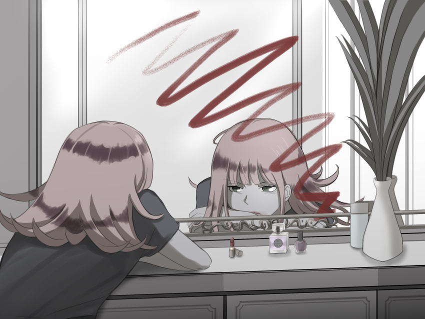 105d50655d, black_shirt, bottle, commentary, cosmetics, frown, head_on_arm, highres