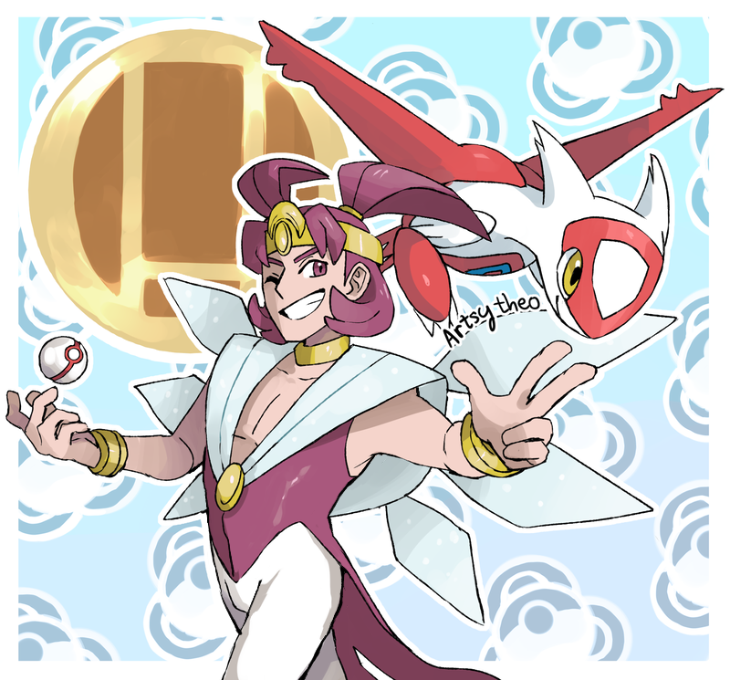 artist_name, artsy-theo, battle_frontier_symbol, border, closed_mouth, collarbone, commentary, english_commentary, grin, latias, official_style, one_eye_closed, outline, poke_ball, poke_ball_symbol, pokemon, pokemon_(creature), pokemon_emerald, pokemon_rse, premier_ball, purple_hair, smile, teeth, tucker_(pokemon), violet_eyes, white_border, white_outline, yellow_eyes